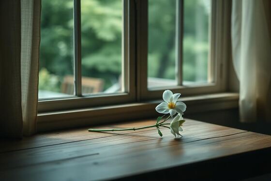 Single white flower on a wooden table by a window