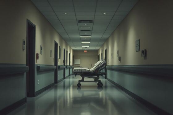 Quiet hospital corridor with a gurney