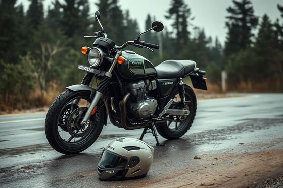 Motorcycle and helmet on wet roadside asphalt