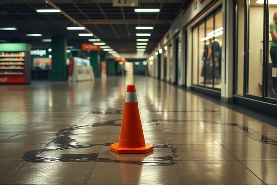 Wet floor with a caution cone in a retail corridor