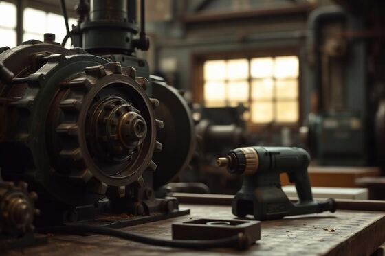 Industrial machinery gears and a power tool on a workbench