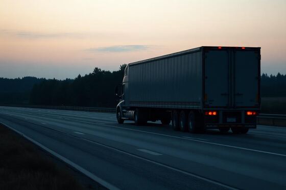 Commercial semi truck on a highway at dusk