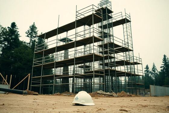 Construction site scaffolding with a hard hat on the ground