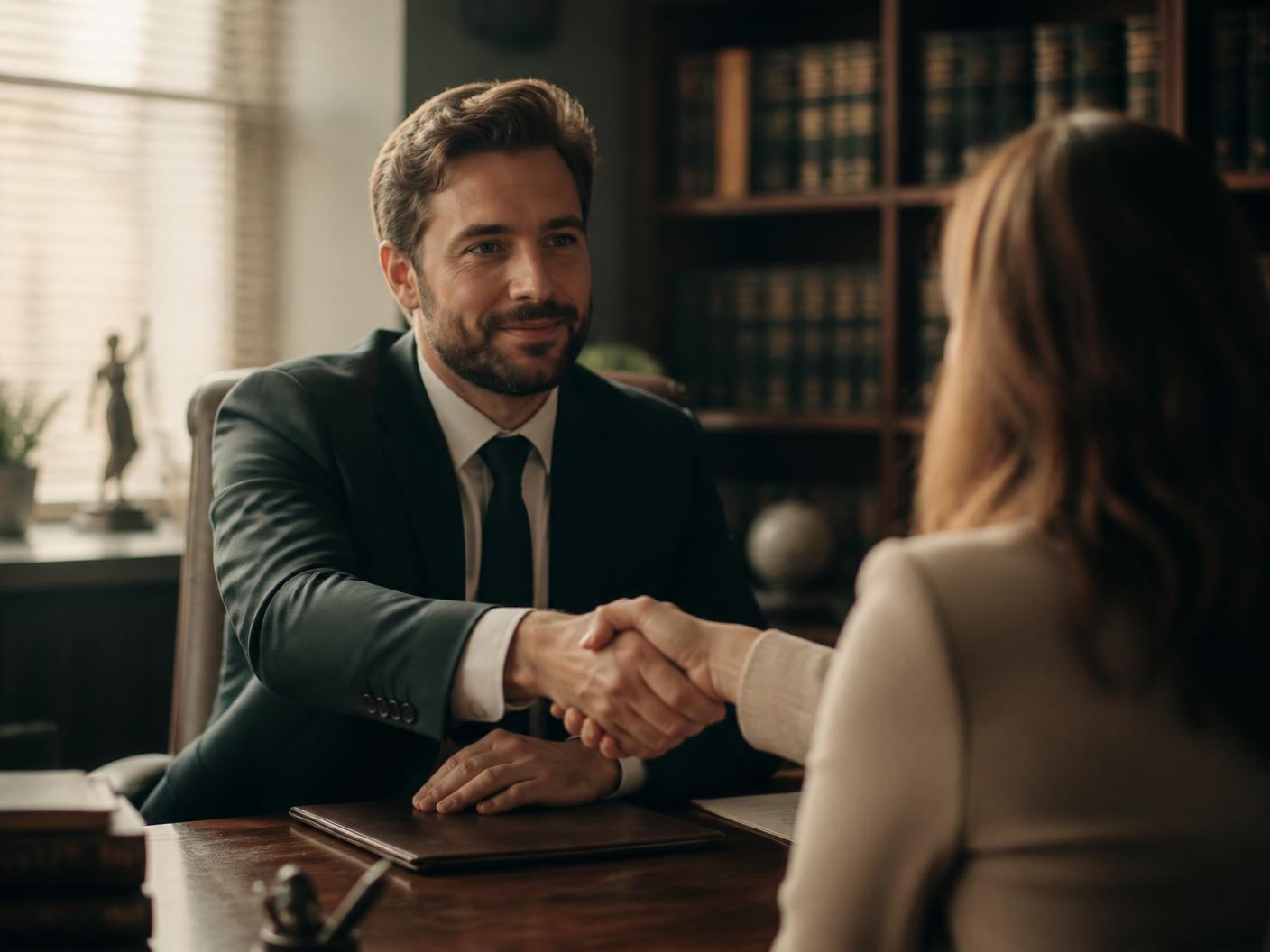 An attorney shaking hands with a client across a desk in a law office