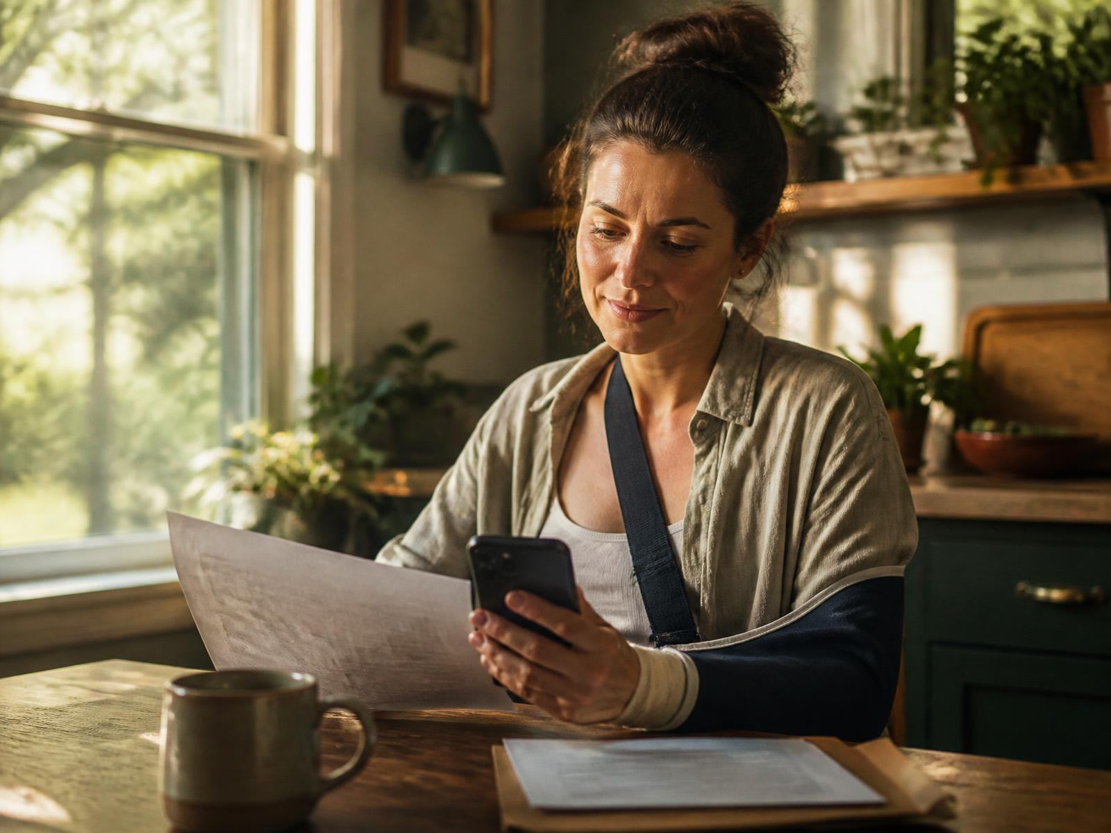 A woman with her arm in a sling reviewing claim paperwork at her kitchen table while speaking with a funding specialist