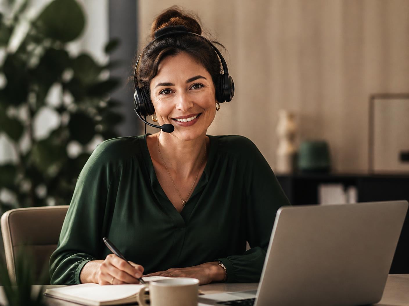 A Claimbridge funding specialist wearing a headset at her desk, ready to take calls